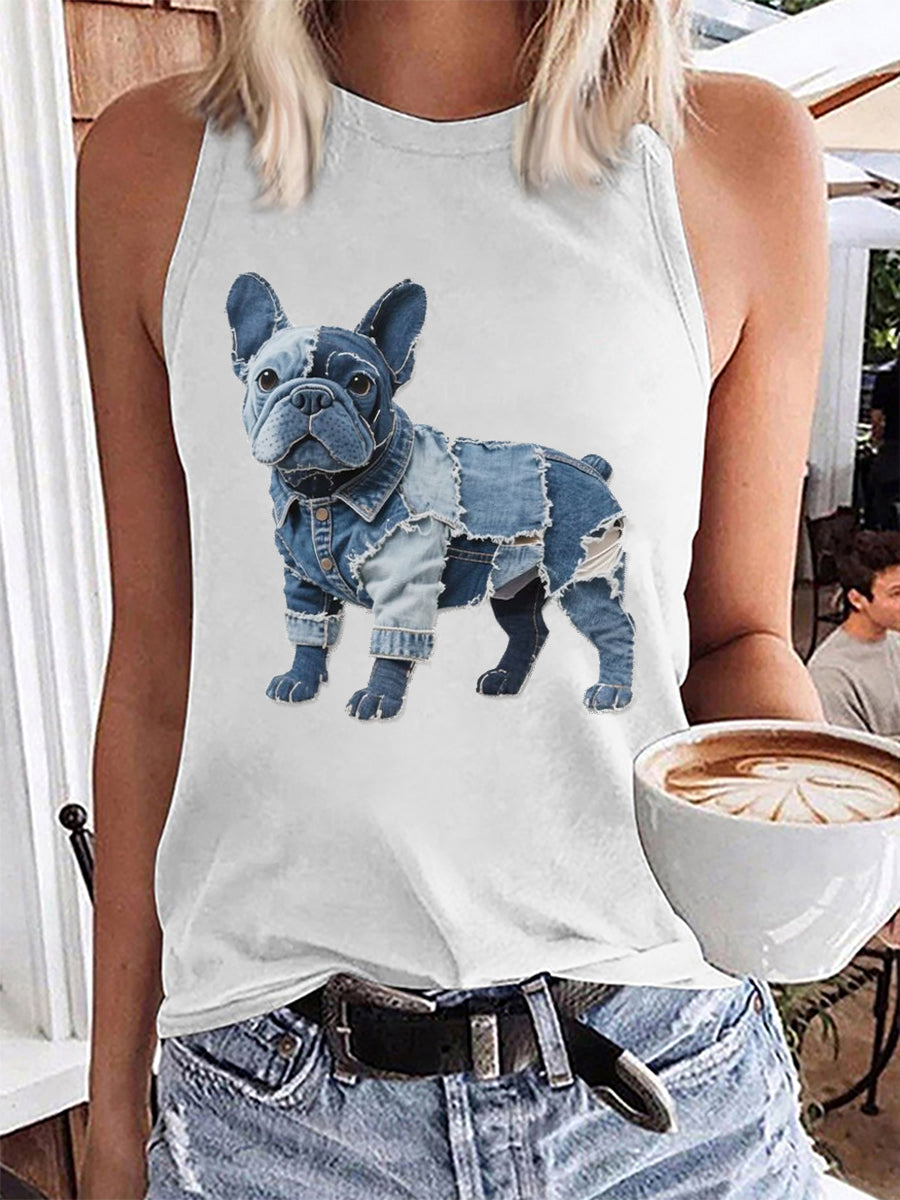 Mujer Bulldog Pattern Patchwork Art Tank Top