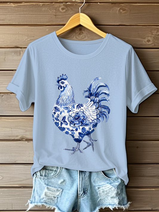 Camiseta casual con estampado floral de pollo para mujer