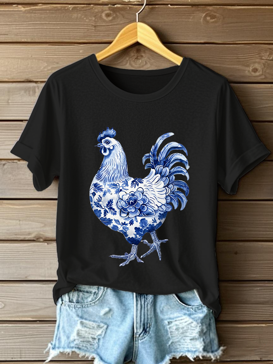 Camiseta casual con estampado floral de pollo para mujer