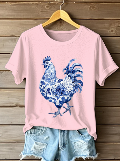 Camiseta casual con estampado floral de pollo para mujer