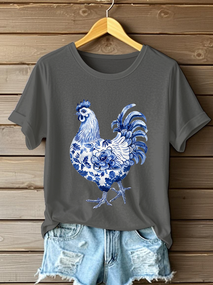 Camiseta casual con estampado floral de pollo para mujer