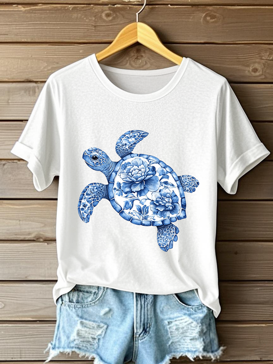 Camiseta casual con estampado floral de tortuga para mujer