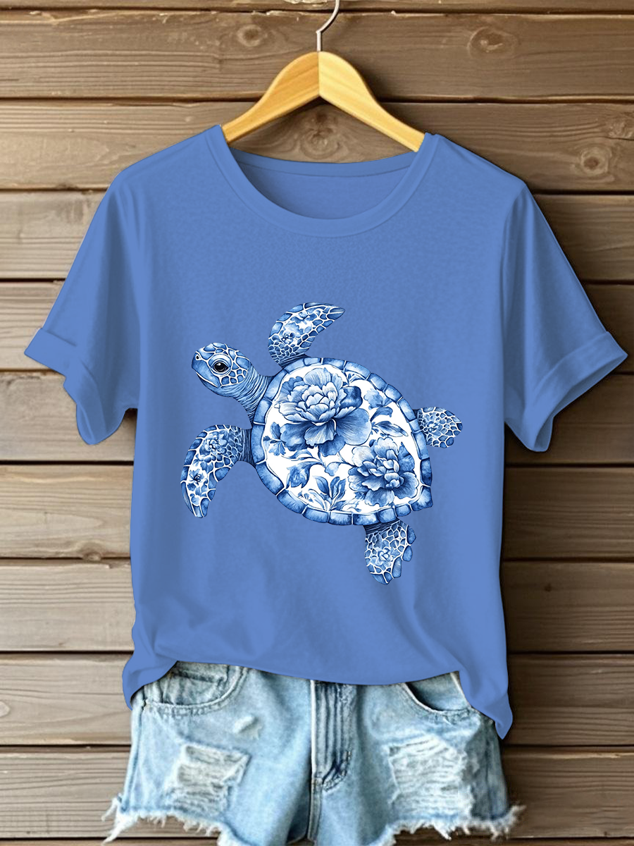 Camiseta casual con estampado floral de tortuga para mujer