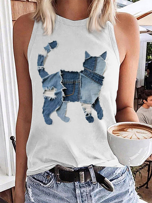 Mujeres lindo gato patrón patchwork arte Tank Top