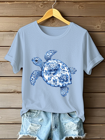 Camiseta casual con estampado floral de tortuga para mujer