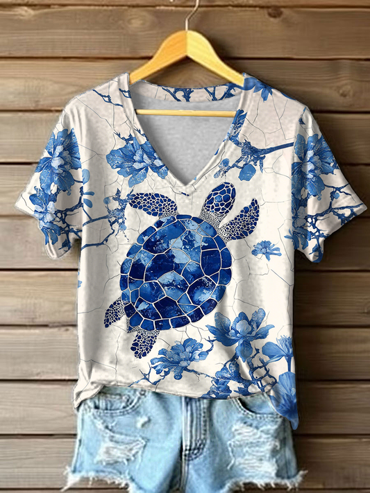 Camiseta casual con estampado floral de tortuga para mujer
