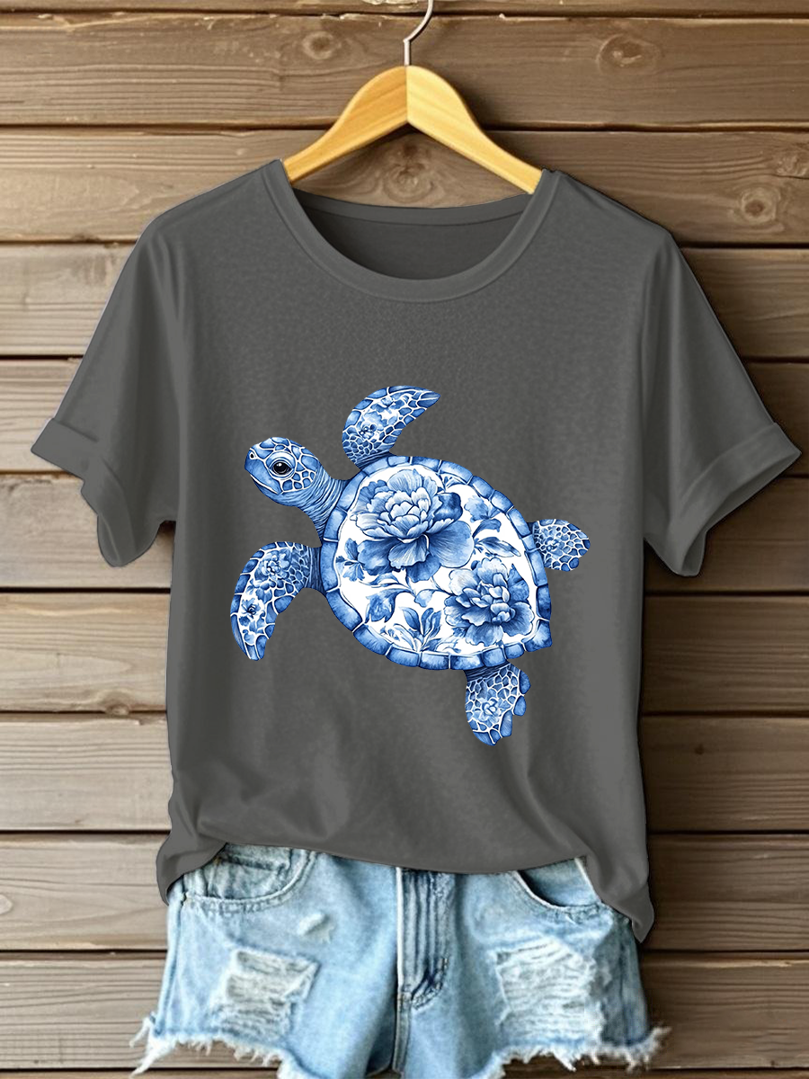 Camiseta casual con estampado floral de tortuga para mujer
