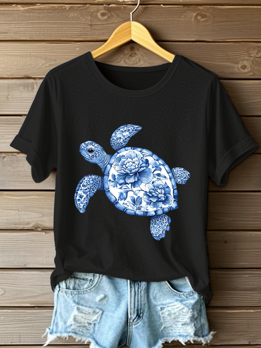 Camiseta casual con estampado floral de tortuga para mujer