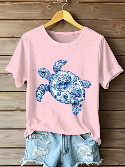 Camiseta casual con estampado floral de tortuga para mujer