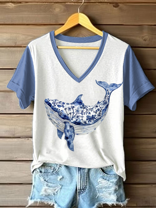 Camiseta casual con estampado floral de ballena para mujer