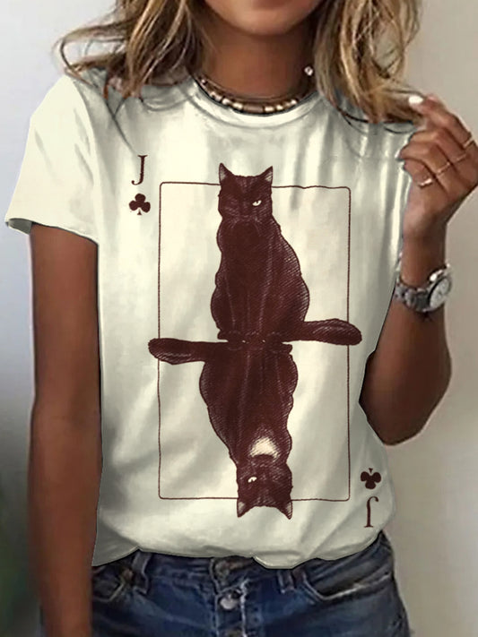 Camiseta Vintage con Estampado Inspirado en Cartas de Gatos para Mujer