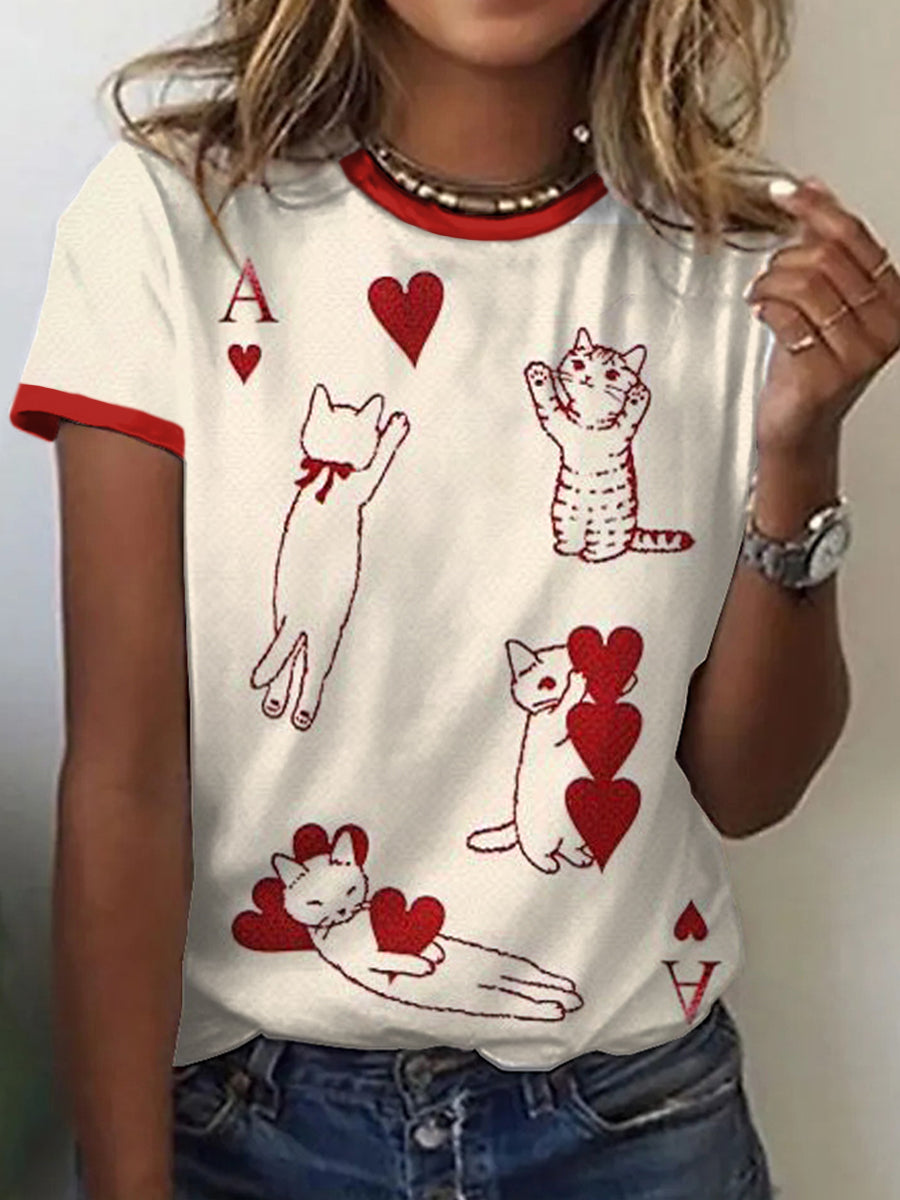 Camiseta Vintage con Estampado Inspirado en Cartas de Gatos para Mujer