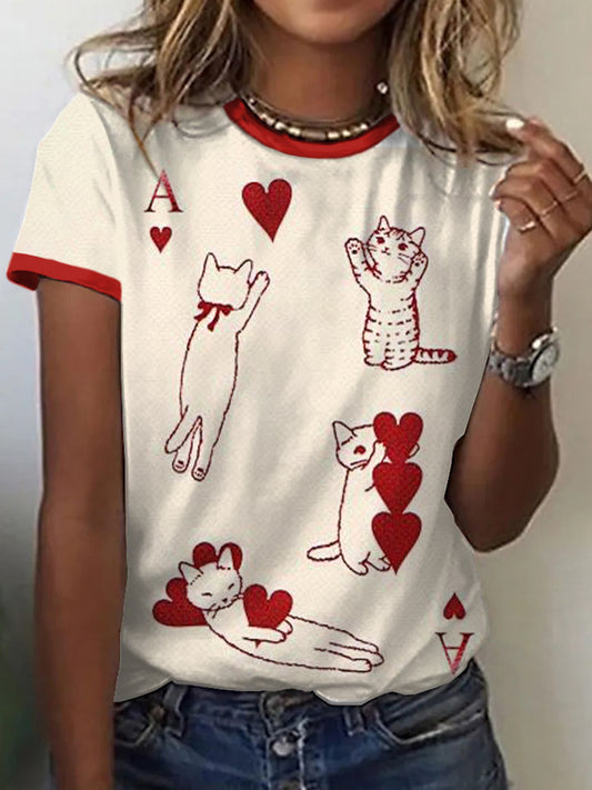 Camiseta Vintage con Estampado Inspirado en Cartas de Gatos para Mujer