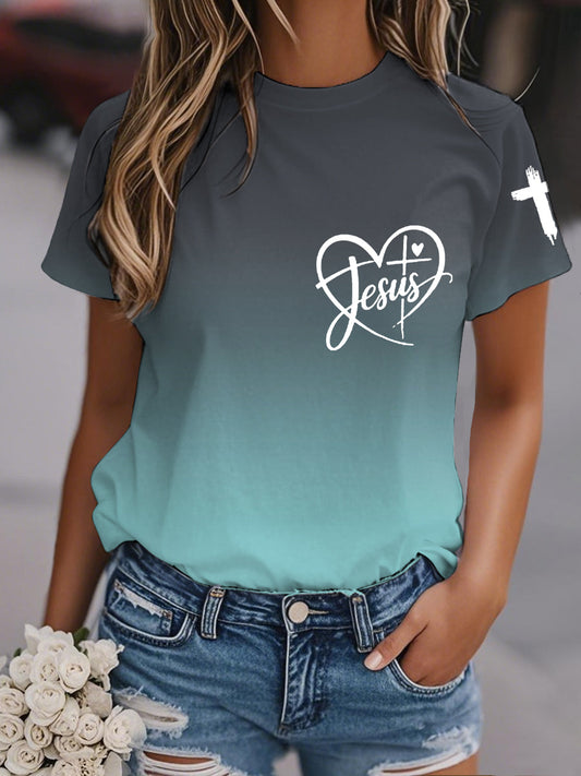 Mujer Jesus Love Heart Gradient Print Casual Tee