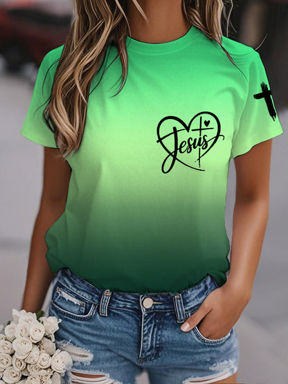 Mujer Jesus Love Heart Gradient Print Casual Tee