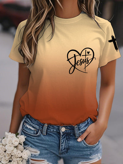 Mujer Jesus Love Heart Gradient Print Casual Tee