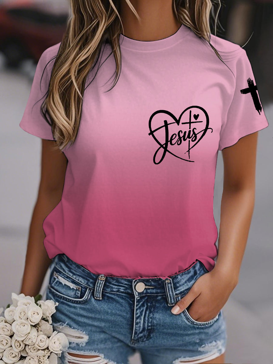 Mujer Jesus Love Heart Gradient Print Casual Tee