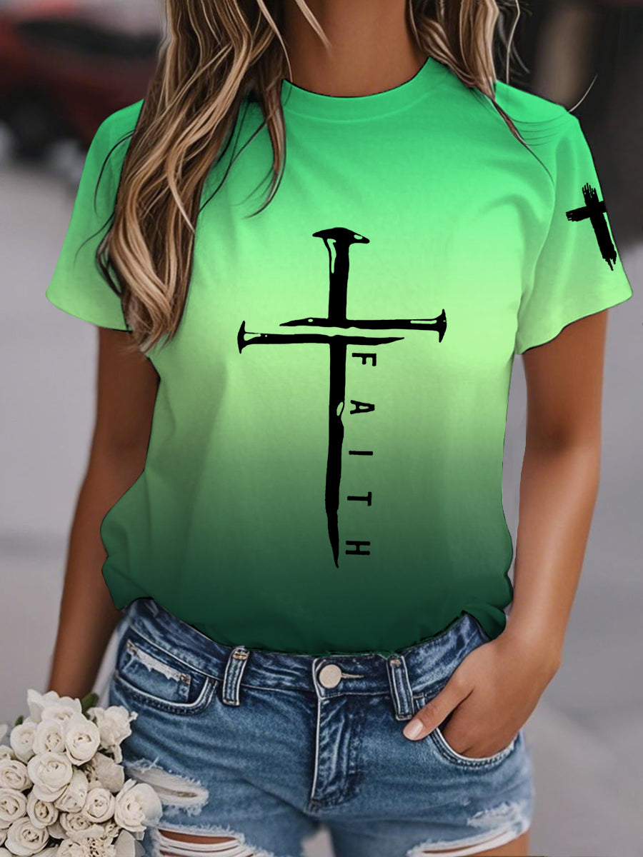 Camiseta casual con estampado de gradiente cruzado de fe para mujer