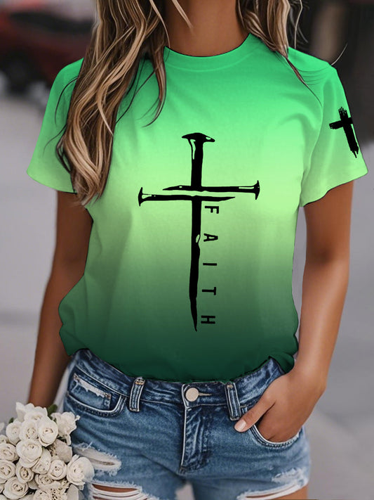 Camiseta casual con estampado de gradiente cruzado de fe para mujer