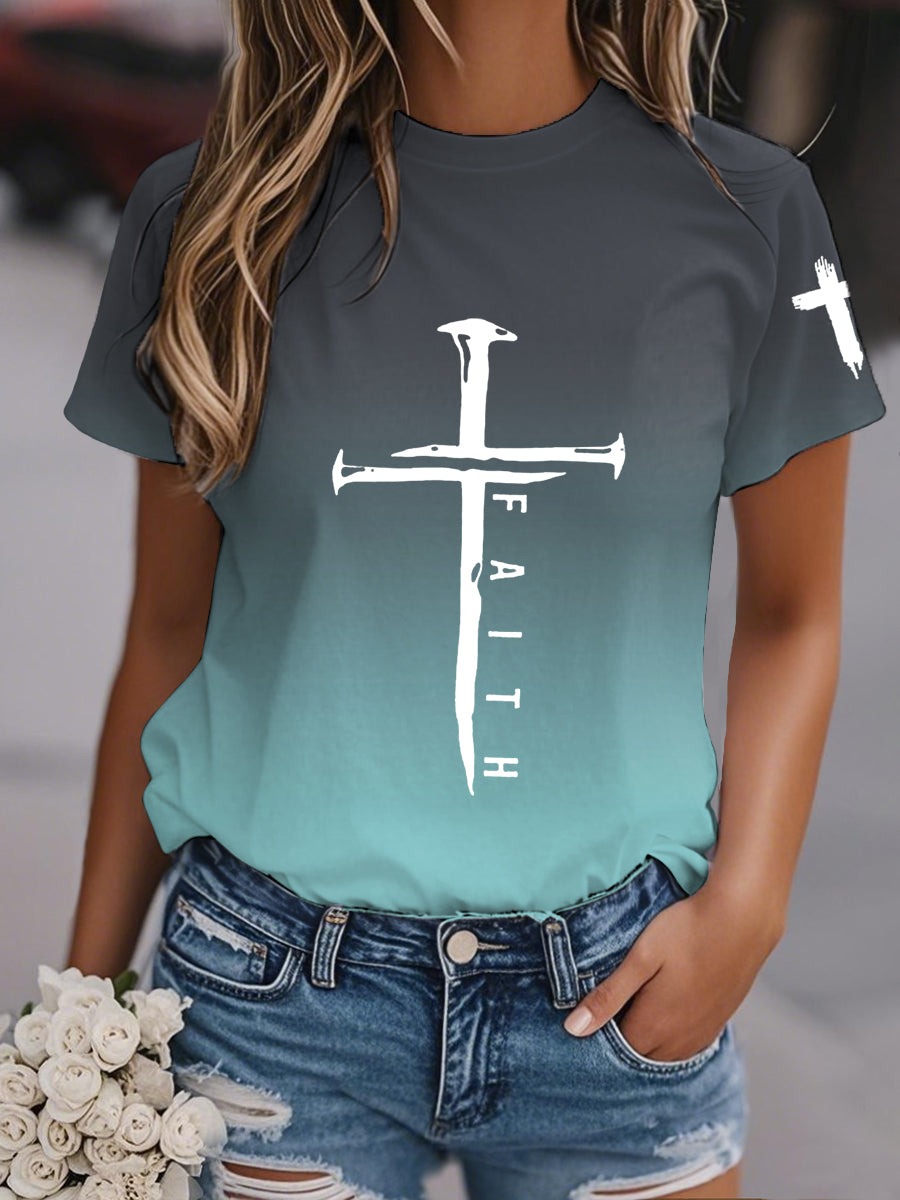 Camiseta casual con estampado de gradiente cruzado de fe para mujer