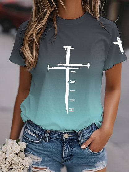Camiseta casual con estampado de gradiente cruzado de fe para mujer