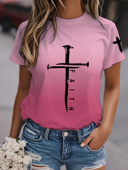 Camiseta casual con estampado de gradiente cruzado de fe para mujer