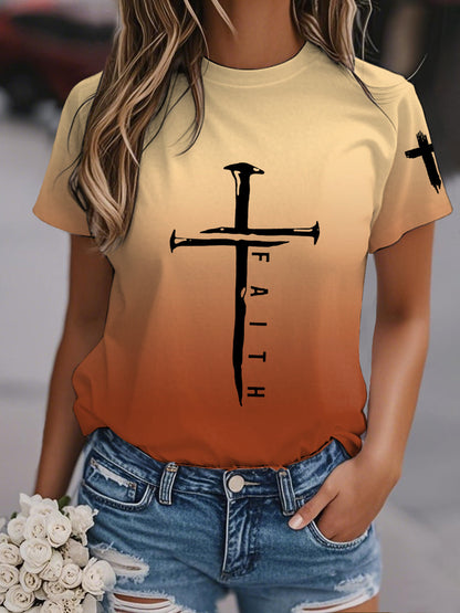 Camiseta casual con estampado de gradiente cruzado de fe para mujer