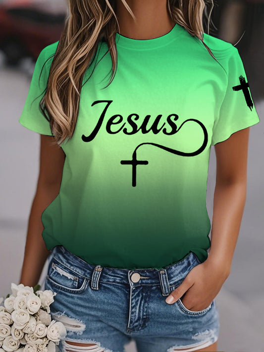 Jesus Cross Gradient Print Casual Tee de mujer
