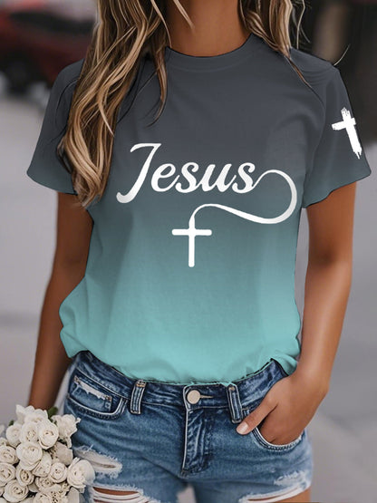 Jesus Cross Gradient Print Casual Tee de mujer