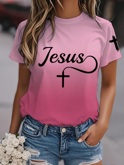 Jesus Cross Gradient Print Casual Tee de mujer