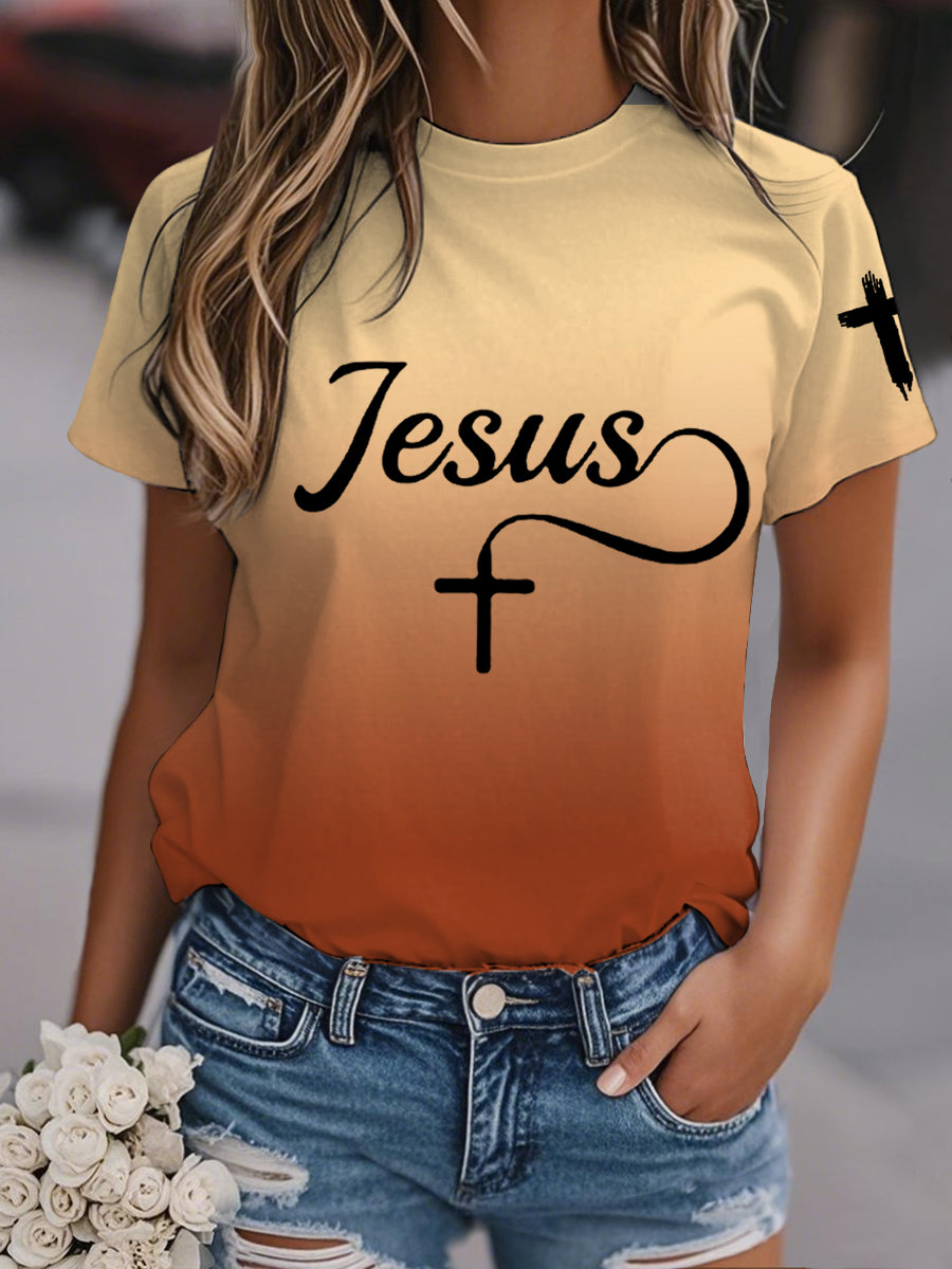 Jesus Cross Gradient Print Casual Tee de mujer