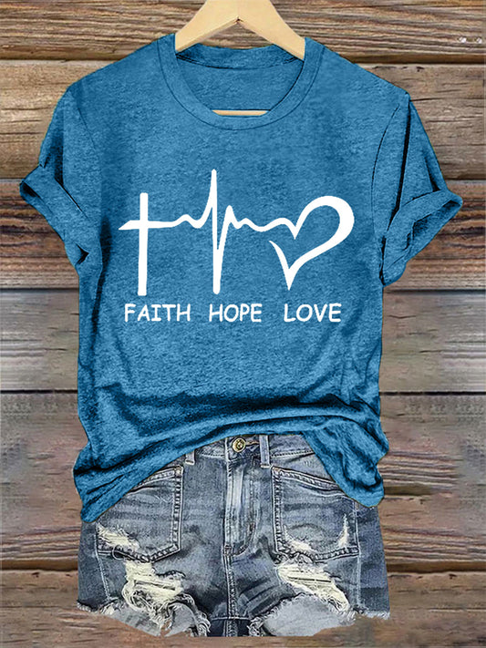 Faith Hope Love Print Casual Tee para mujer