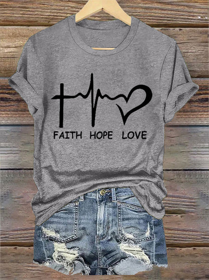Faith Hope Love Print Casual Tee para mujer
