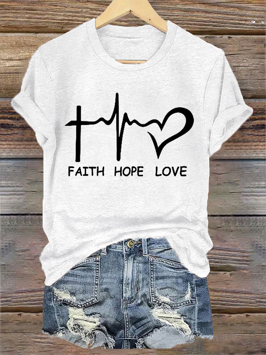 Faith Hope Love Print Casual Tee para mujer