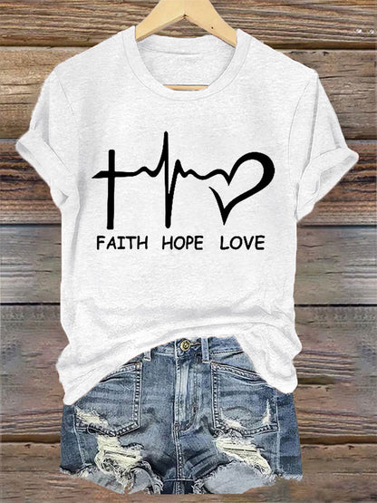 Faith Hope Love Print Casual Tee para mujer