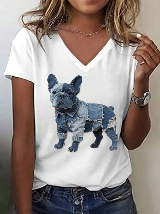 Camiseta con cuello en V Bulldog Pattern Patchwork Art para mujer