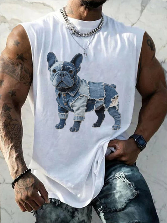 Bulldog Patrón Patchwork Art Tank Top de los hombres