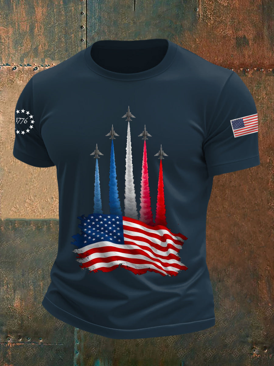 Día de la Independencia de los hombres American Flag Jet Planes Imprimir Casual Tee