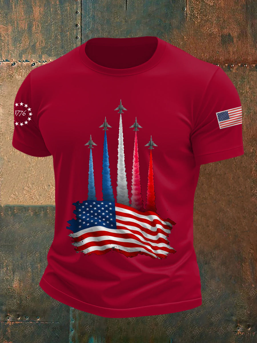 Día de la Independencia de los hombres American Flag Jet Planes Imprimir Casual Tee