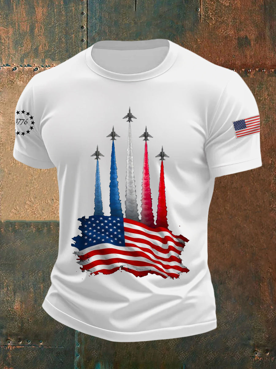 Día de la Independencia de los hombres American Flag Jet Planes Imprimir Casual Tee