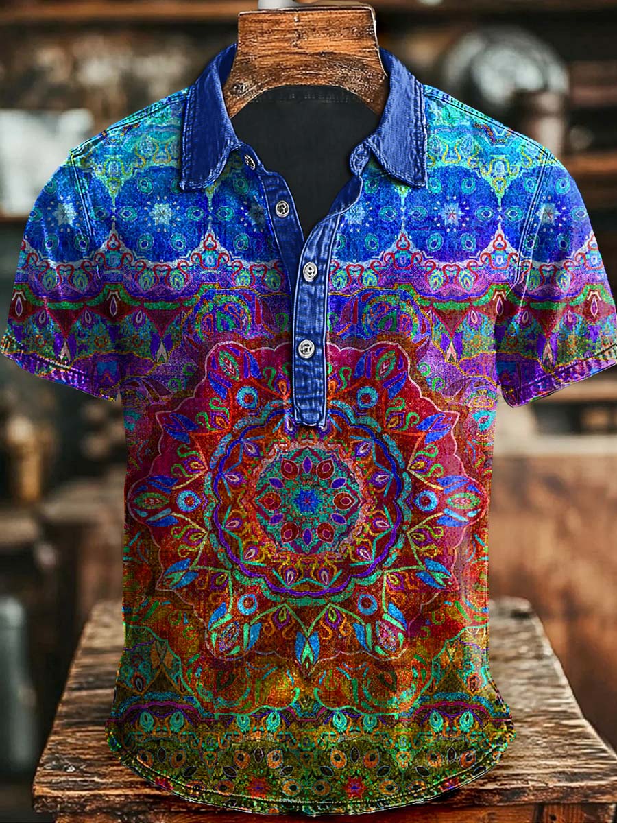 Polo de manga corta de moda casual con estampado de mandala colorido