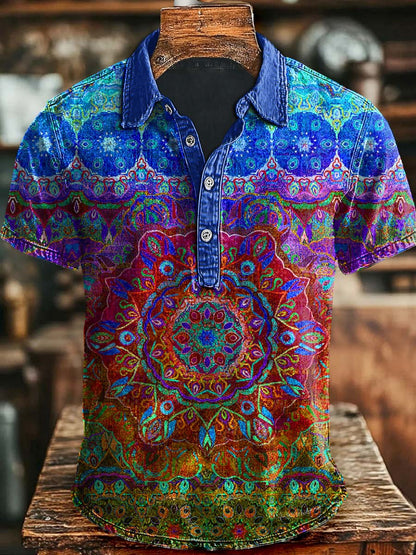 Polo de manga corta de moda casual con estampado de mandala colorido