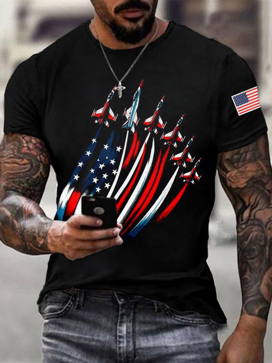 Día de la Independencia de los hombres USA Flag Fighter Jets Print Casual Tee