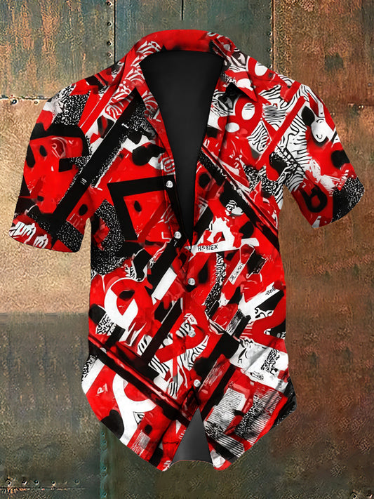 Hombres vintage VH Guitarras líneas colorido 5150 impresión abstracta casual algodón camisa de manga corta