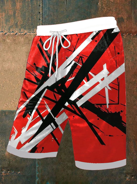 Hombres Vintage Guitar Lines Music Festival Graffiti Abstract Print Casual Pocket Drawstring Shorts