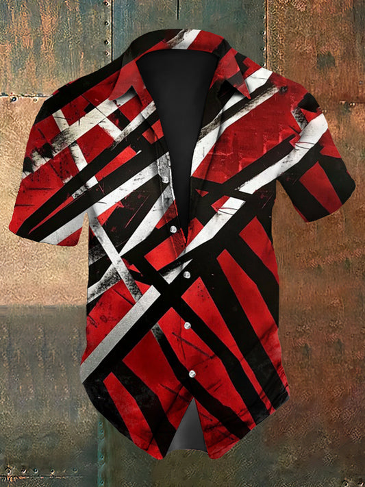 Hombres vintage VH Festival Guitarras grano impresión abstracta casual algodón camisa de manga corta