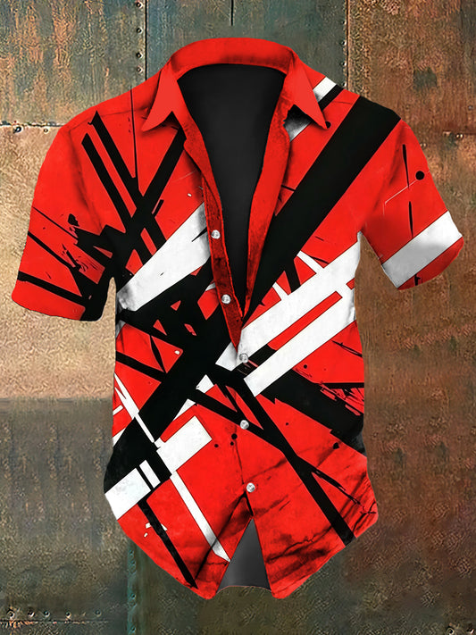 Hombres vintage VH Festival Guitarras grano impresión abstracta casual algodón camisa de manga corta