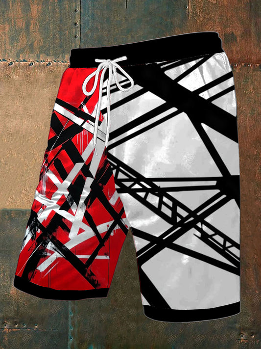 Vintage de los hombres VH Festival Grano Guitarra Impresión Abstracta Bolsillo Casual Pantalones Cortos Con Cordón