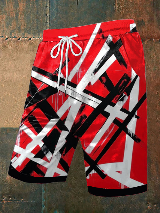 Vintage de los hombres VH Festival Grano Guitarra Impresión Abstracta Bolsillo Casual Pantalones Cortos Con Cordón