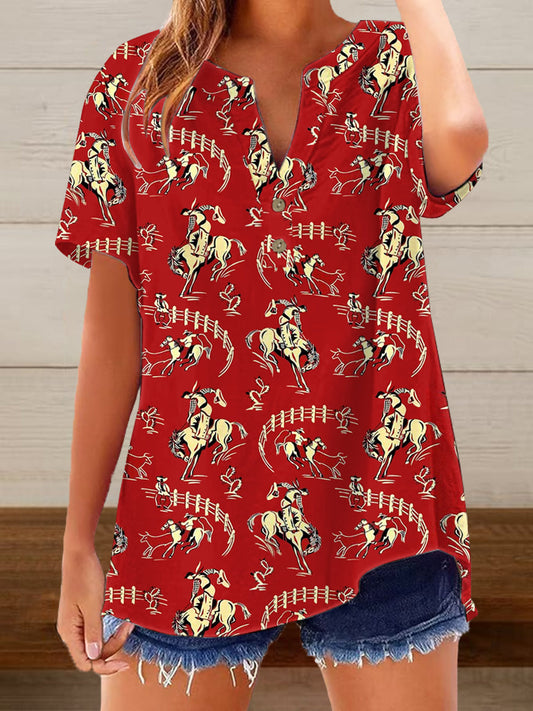 Camisa casual vintage de manga corta con estampado Western Cowboys para mujer